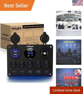 5Gang Multi-Function 5 Gang Rocker Dual USB Charger + Digital Volmeter +12V O...