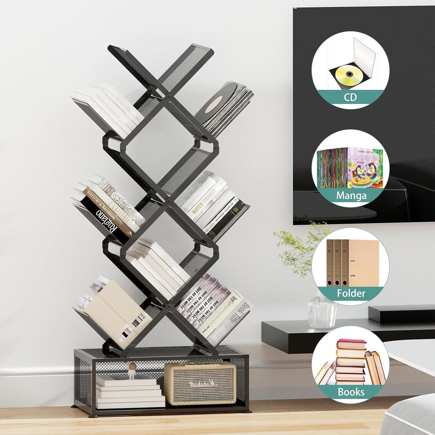 Folding Bookshelf,9 Tier Tree Bookshelf with Storage Cabinet, Stylish Bookshelf