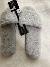 INC International Concepts Women's Gray Faux Fur Slide Slippers Pearl 11/12