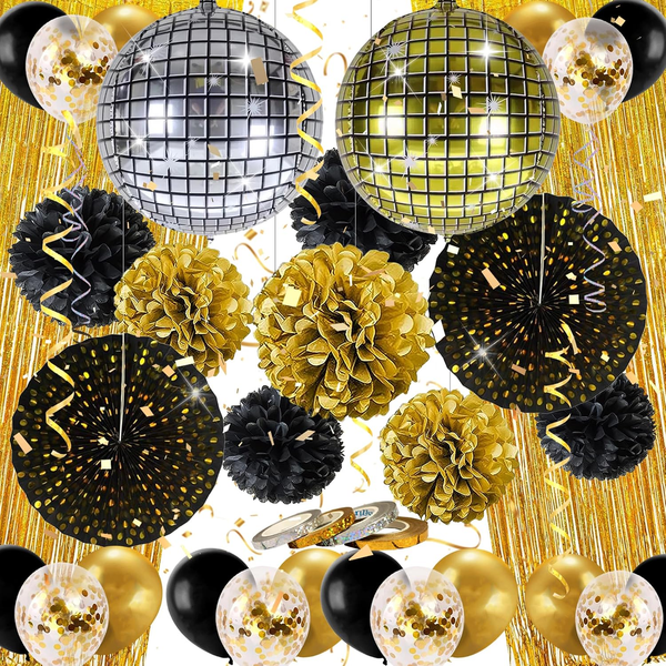 Party Dekoration Set, Geburtstag Deko,Silvester Deko,Lametta Vorhang Gold Glitze-image