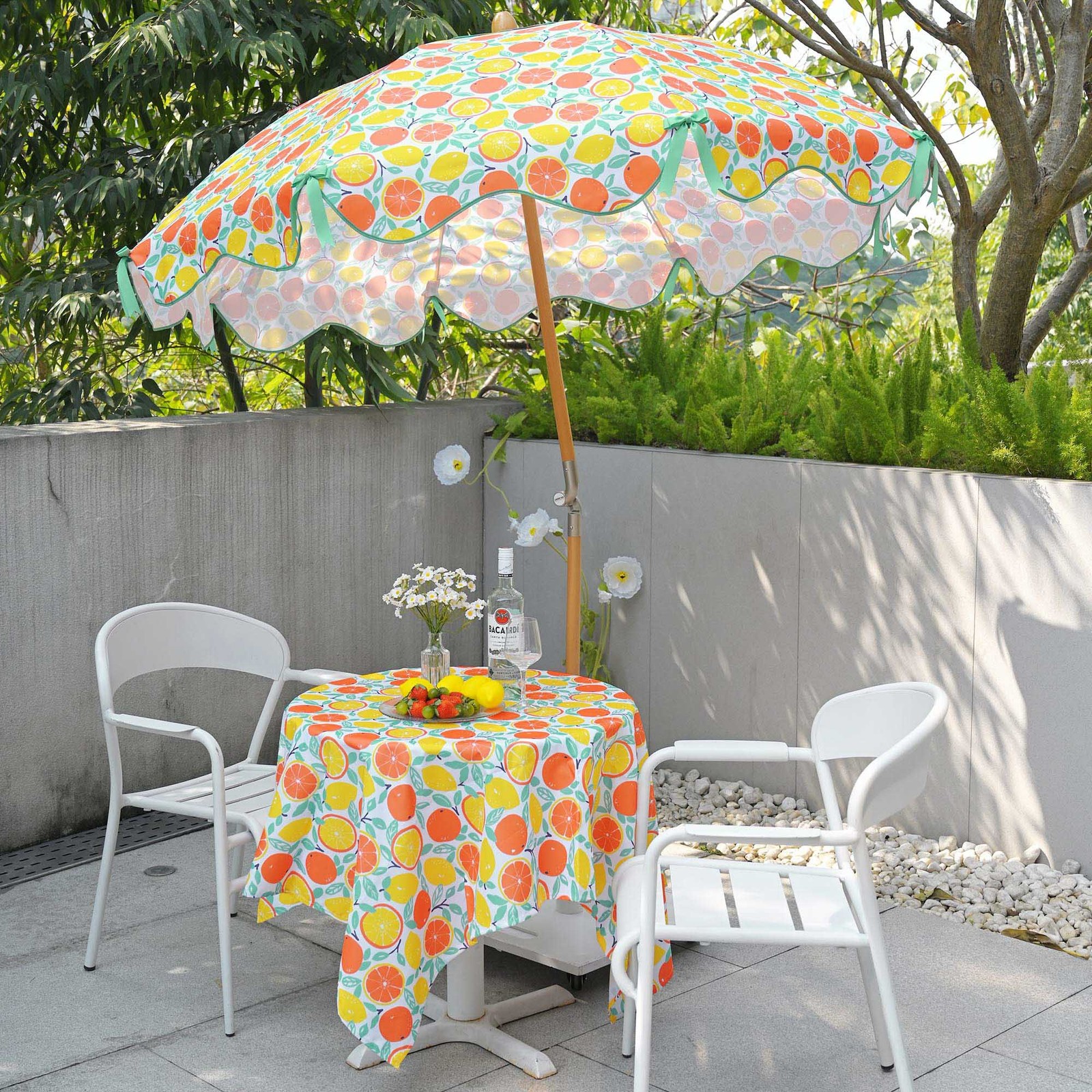 LAGarden Our Beach Umbrella Beech Wood Pole w/ Tablecloth Orange Grapefruit