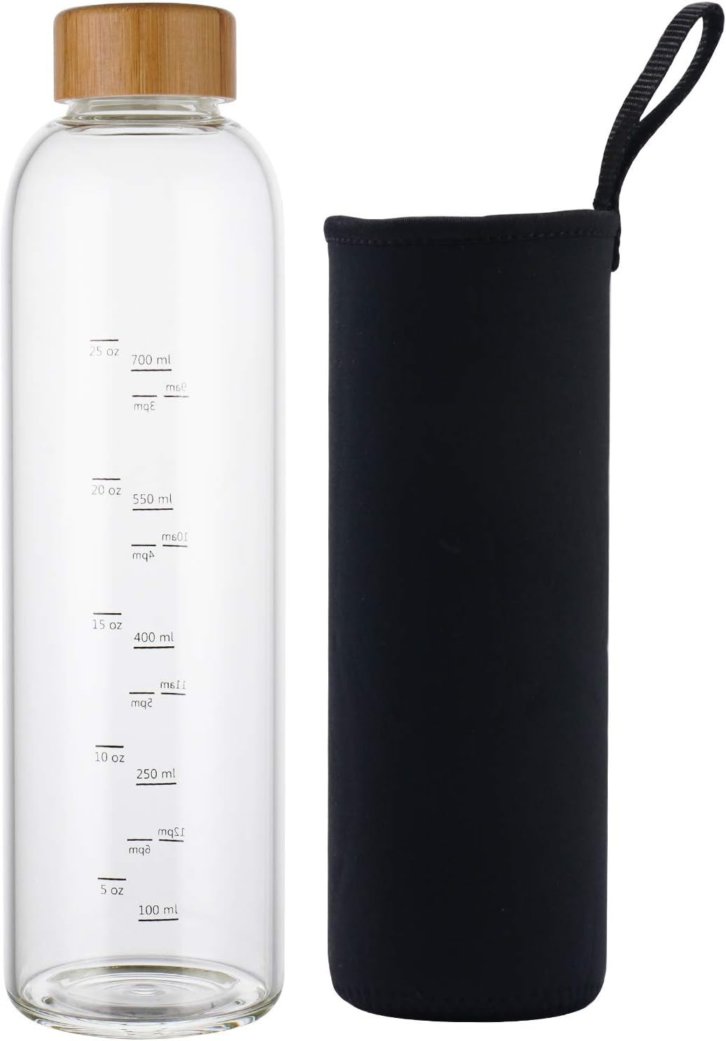 32 oz Glass Water Bottle with Time Marker Bamboo Lid Neoprene Sleeve for to Go T