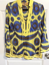 TORY BURCH 100% Cotton Blue Brown Yellow Geometric VNeck Tunic Blouse Top Sz 8