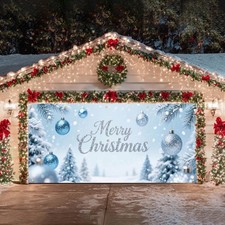 Merry Christmas Garage Door Banner 13X6Ft Ornaments Snow Trees Theme Backdrop...