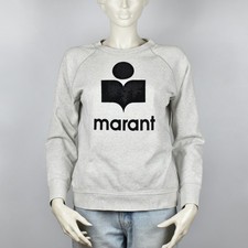 ISABEL MARANT Etoile Big Velour Logo Sweatshirt Gray Crew Neck Cotton Size 38