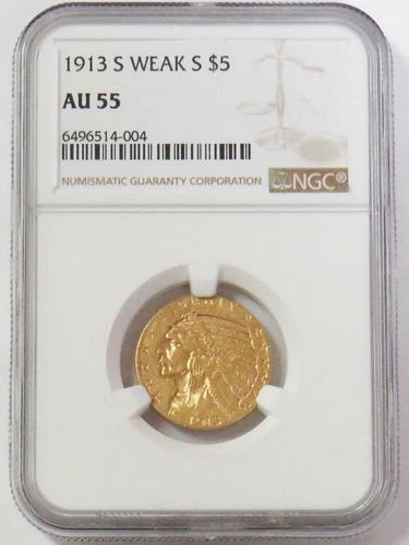 1913 S WEAK S GOLD USA $5 INDIAN HEAD HALF EAGLE COIN NGC ABOUT UNC 55