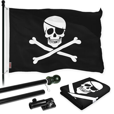 Flag Pole 6FT Black & Pirate Jolly Roger Bones Flag 3x5FT 150D Printed