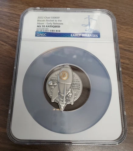 2022 Chad 5000 Silver Francs "Bitcoin Rocket to the Moon" NGC MS70 Antiqued ER