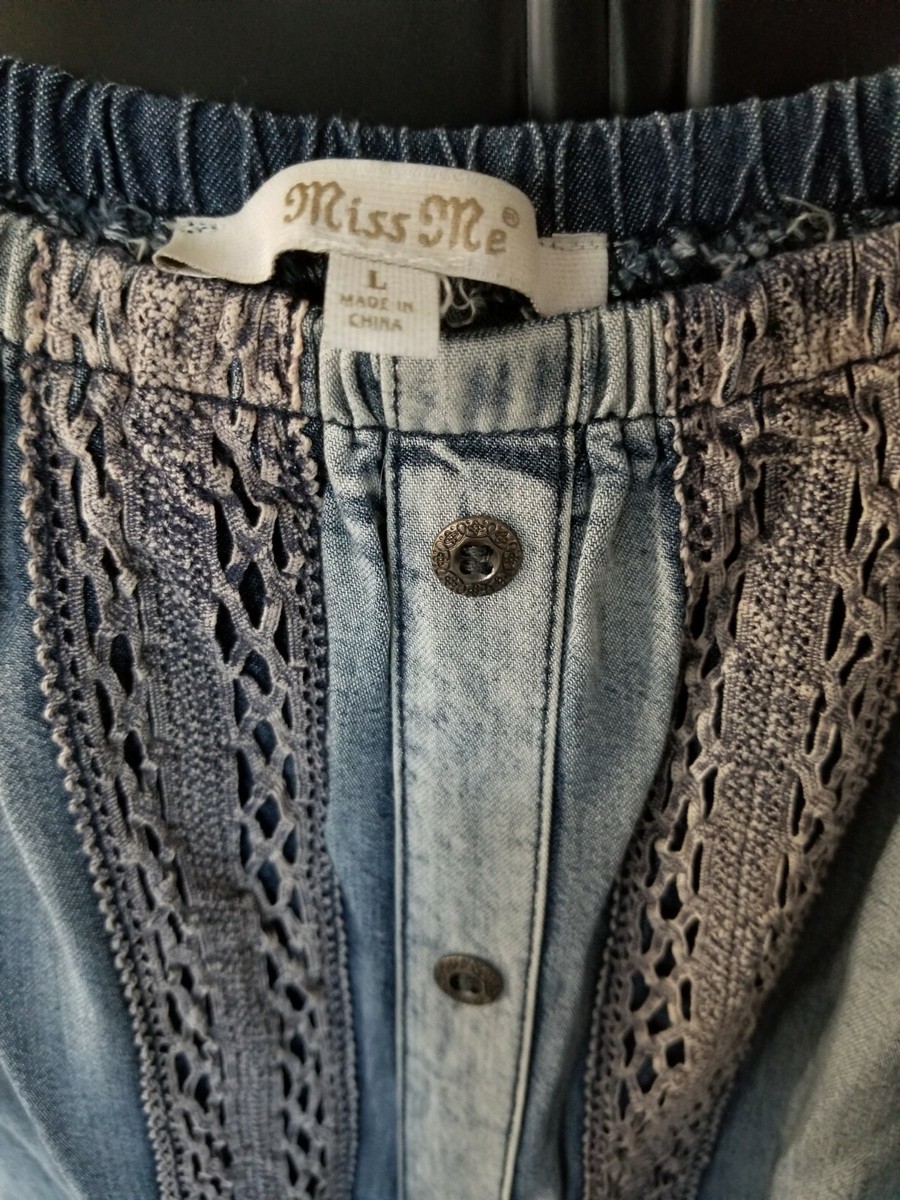 【andmary 】Ribbon denim allinone S Miss Me Chambray & Lace Keepsake Romper Denim Playsuit Jumpsuit SZ