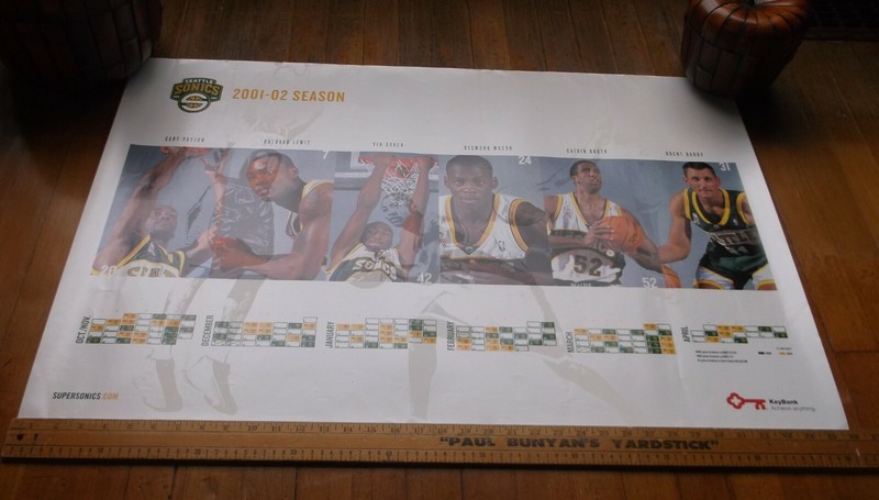 SEATTLE SONICS 2001-02 Season Schedule w/ Holographic & 6 players, 36" x 24" 