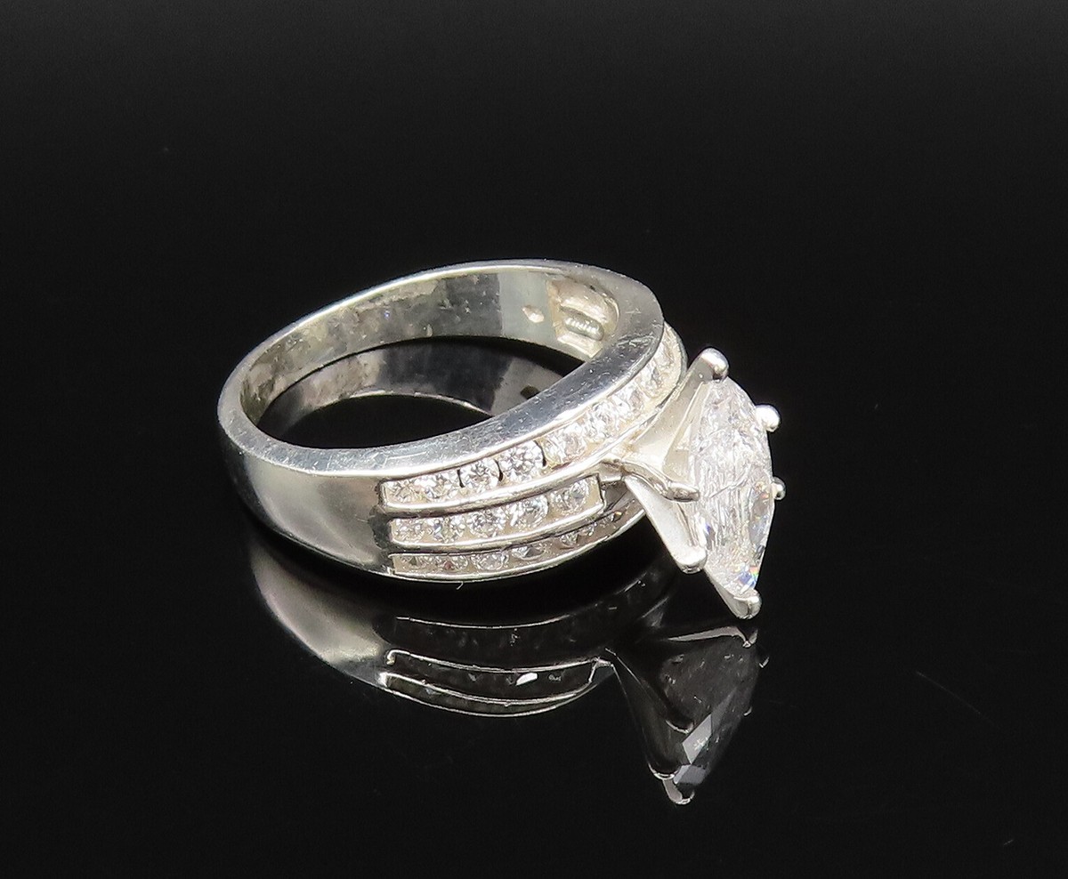 925 Silver Vintage Marquise Cubic Zirconia Three Row Ring Sz