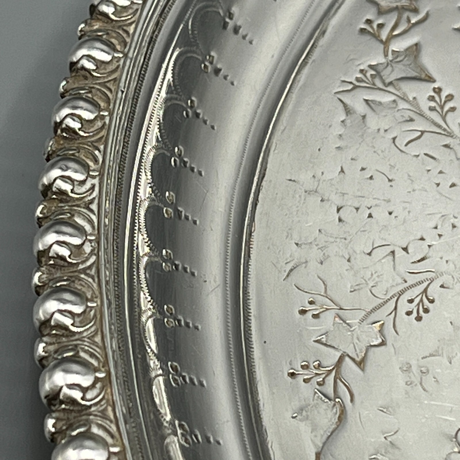Antique Victorian Silver Plate Waiter Tray Salver Round 19thC Xmas Holly Wreaths