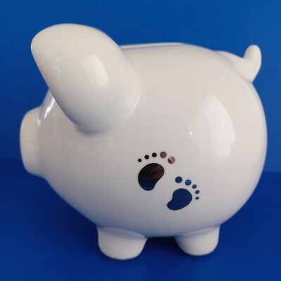 Coin Bank Russ Baby Berrie Piggy w Silver Baby Footprints Ceramic Unisex  White