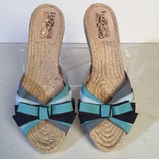 SALVATORE FERRAGAMO Blue Ribbon Espadrille Wedge Sandals 8.5 B