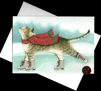 Christmas Gray Tabby Cat Kitten Ice Skating Scarf - Greeting Card W/ TRACKING