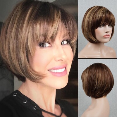 Brown Highlights Natural Short Bob 100% Human Hair Wig With Bangs