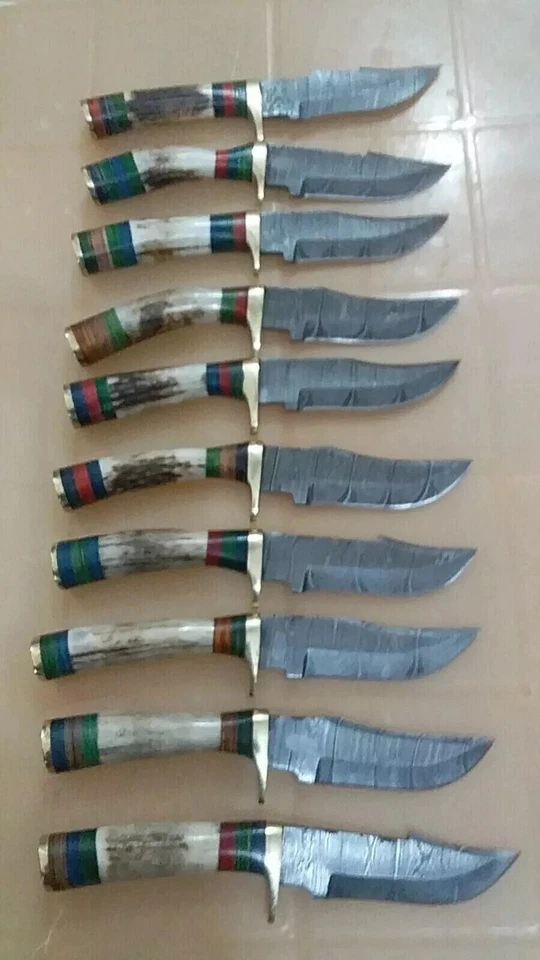 8 inches Handmade lot of 10 Damascus Steel Skinner Knives in Stag horn + Sheath - Image 4 of 4
