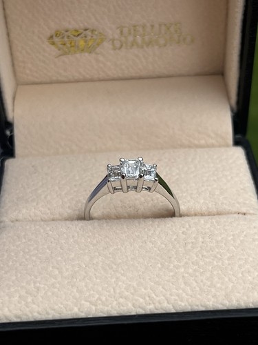 18ct W/G 0.69ct Three Emerald Cut Diamond Three Stone Ring, L1/2, Value £3000. - Picture 7 of 24