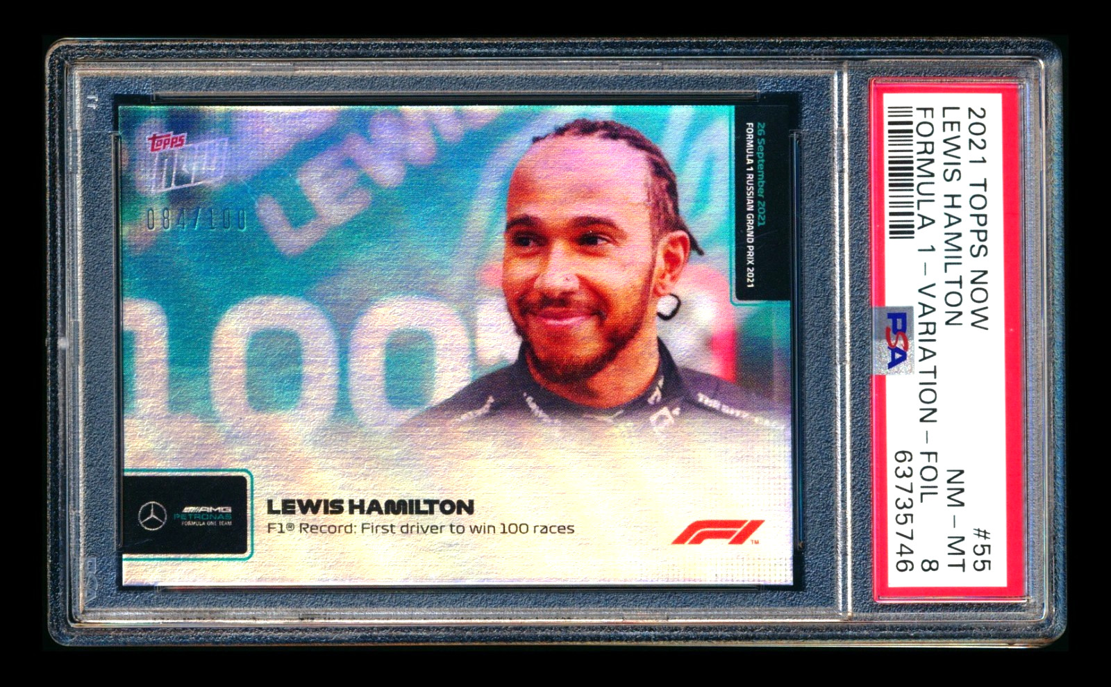 2021 TOPPS NOW F1 #55 LEWIS HAMILTON FOIL VARIATION 100 WIN RECORD #84/100 PSA 8