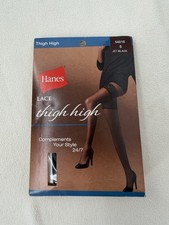 Sealed Hanes Lace Thigh High Pantyhose 54018 Size Small Jet Black Nylons NEW