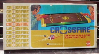 Ideal Crossfire Spiel 1971 getestet funktionstüchtig 20 Bälle 1 Puck 2 Schützen 2 Tore