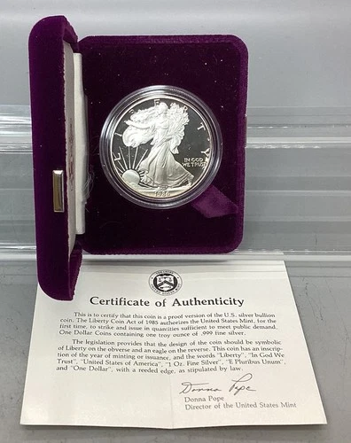 1986 S Proof American Silver Eagle - With Box & CoA