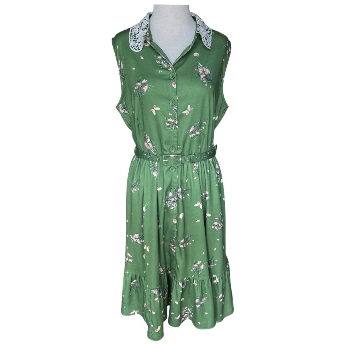 Voodoo Vixen Green Sleeveless Midi Dress Peter Pan Lace Collar Rockabilly  US 8