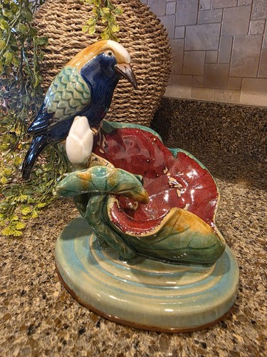 Vintage Majolica Ceramic Blue Bird Perched on Water Lily 8" Eclectic Decor 