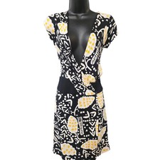 Diane von Furstenberg DVF Black Yellow Abstract Print Faux Wrap Dress Size 2