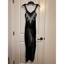 Vintage Velvet Maxi Dress Women S Black Excellent Sequin Beaded Goth Glam Prom