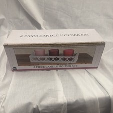 4 Piece Candle Holder Set With Wood Tray & Glass Votives Centerpiece Decor
