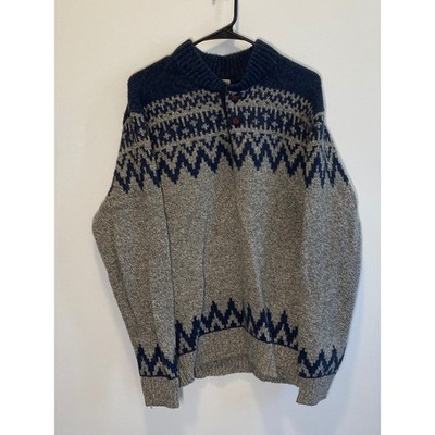 LL Bean Mens Lambswool Fair Isle Mock Neck Button Sweater Grey Navy M Tall