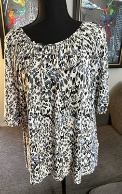 Cathy Women s Blue Gray & Black Abstract Animal Print Short Sleeve Top Sz Large