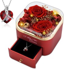 Preserved Red Rose with Heart Necklace, Eternal Real Jewelry Box