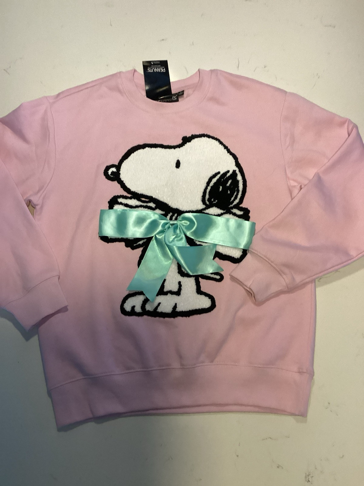 Snoopy Pink Oversized Sweatshirt with Green Satin Bow Sz S NWT