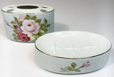 Ceramic Toothbrush Holder and Soap Dish Set Blue With Pink Roses Japan
