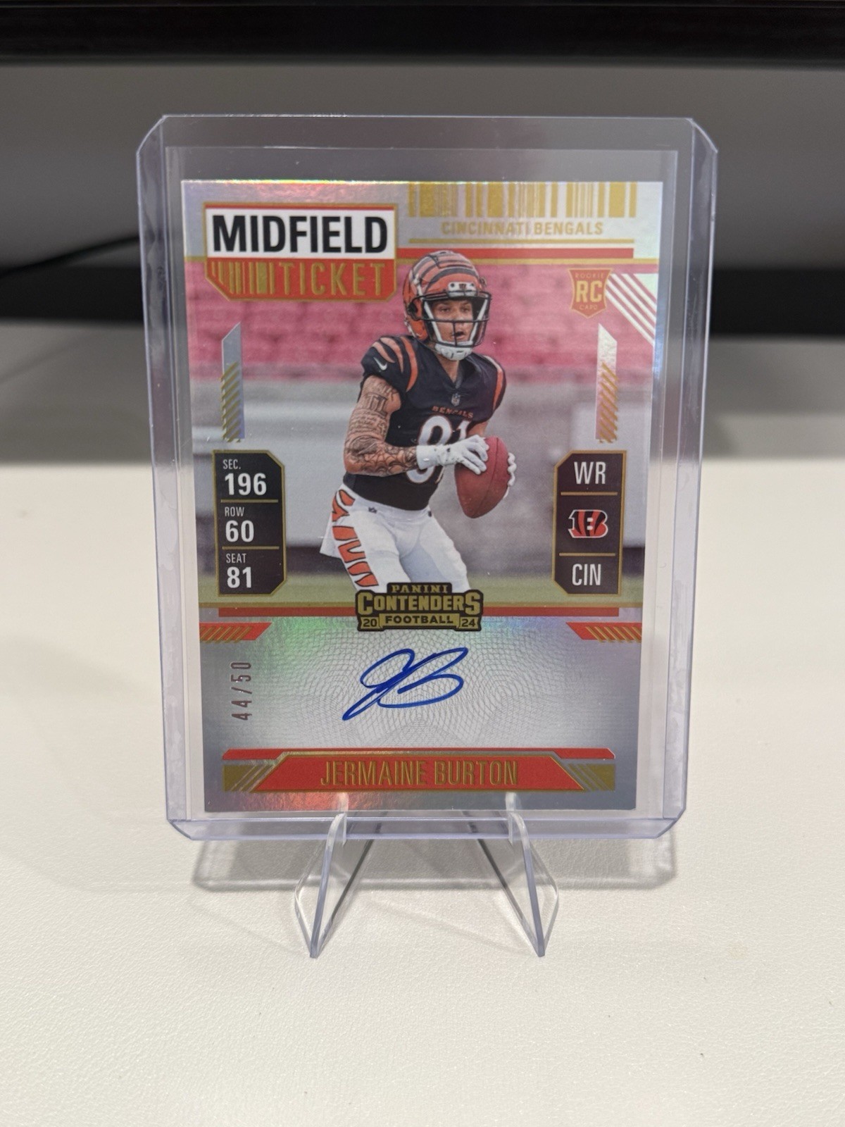 2024 Panini Contenders Jermaine Burton /50 RC Midfield Ticket Auto On-Card