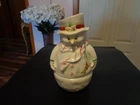Fenton Snowman Fairy Lamp Light ~ " White w/scarf and Red Bird on side- 7 1/4"