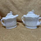 Vtg. Westmoreland Milk Glass Cream & Sugar Bowl Lidded w/Swan Motif & Cat Tails