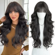 Black Hair Long Wavy Wig With Bangs 30 Inches Sthetic Thick Wig Heat Resistan...