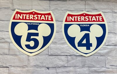 Set of 2 Disneyland Hwy 5 CA & Disneyworld Hwy 4 FL Plastic Road Signs 11x12''