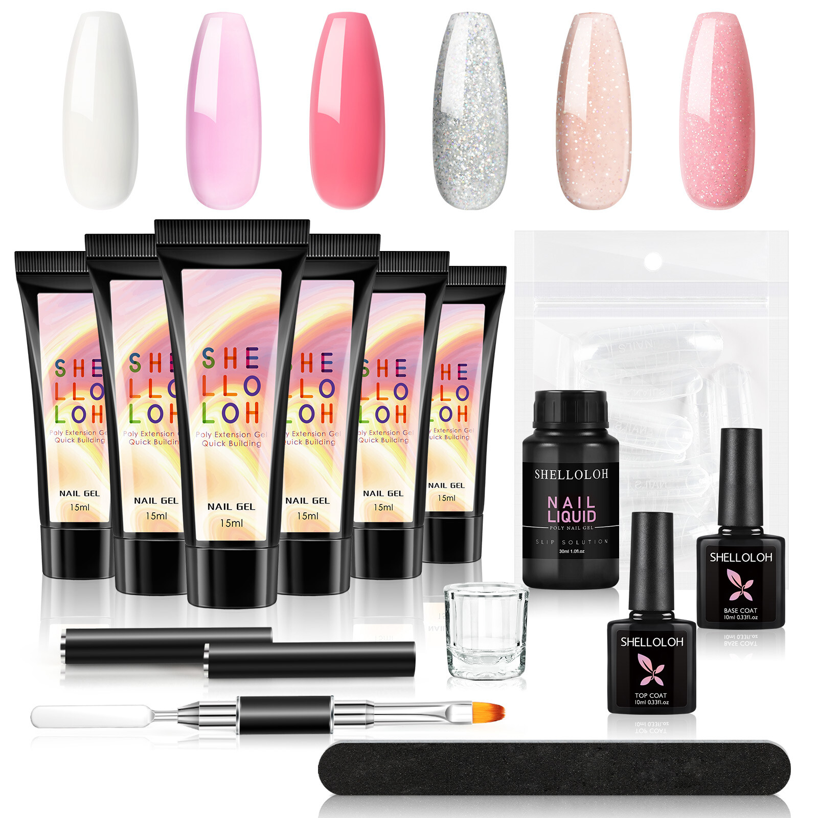 Dengmore Poly Nail Extension Gel with Uv Light Starter Kit- 7 Jelly Colors  15 ML Clear Pink Neutral Jelly Gel Nails Quick Building Hybrid Gel Base Top  Coat Slip Solution French Manicure