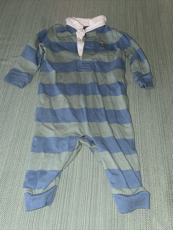 RALPH LAUREN Baby Long-Sleeve One-Piece Outfit/Romper-Green/Blue Striped-6 Month