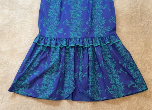 80s Nani of Hawaii Muumuu Royal Blue & Green Tea Leaf Lei Ruffles Vintage Small - Picture 18 of 23
