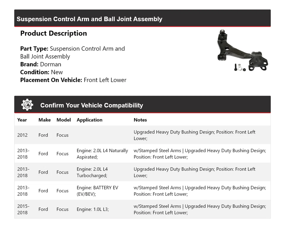 Conjunto de rótula de brazo de control para Ford Focus Dorman 2012-2018 2013 2014  Foto 2 de 4