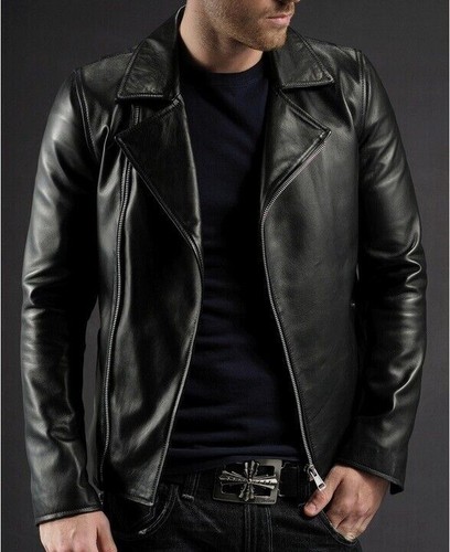 Mens Genuine Lambskin Leather Jacket Black Biker Motorcycle Coat Jacket - 018 - Picture 3 of 6