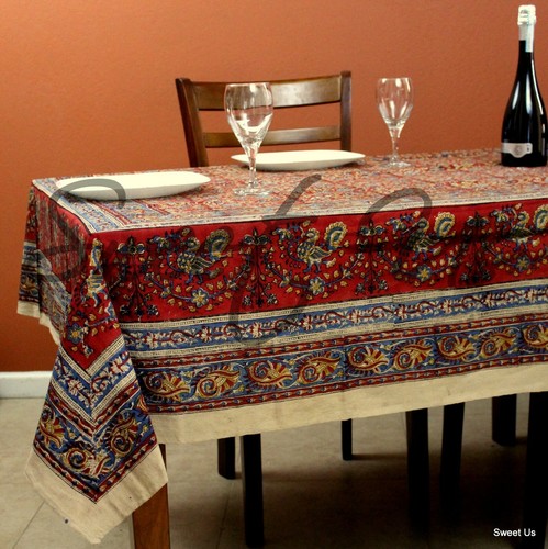 Cotton Vegetable Dye Hand Block Print Tablecloth Rectangle Beige Blue Green Red - Picture 20 of 20