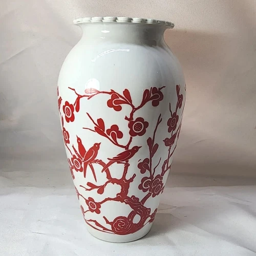 VNTG Retro MCM Anchor Hocking Vitrock Vase Red Birds and Blossoms White Red