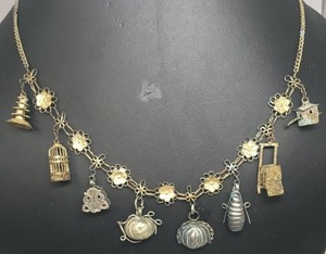 Antique Chinese Charm Necklace Gold Washed & Silver 8 Charms