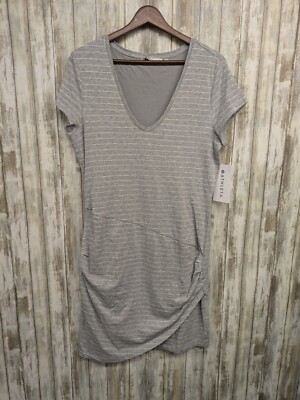 ATHLETA Gray Central Stripe Dress Ruched Short Sleeve Cotton Tencel Large NWT